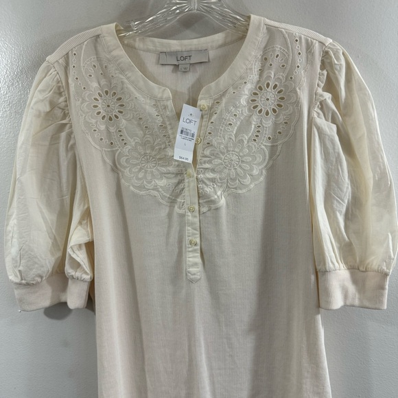 Loft Eyelet Yoke Mixed Media Top in Ecru Ivory Cream Size L Large #596116 - Picture 5 of 13